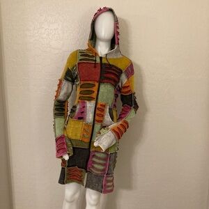 Rising International Colorful Patchwork Razor Cut Long Hooded Jacket Medium